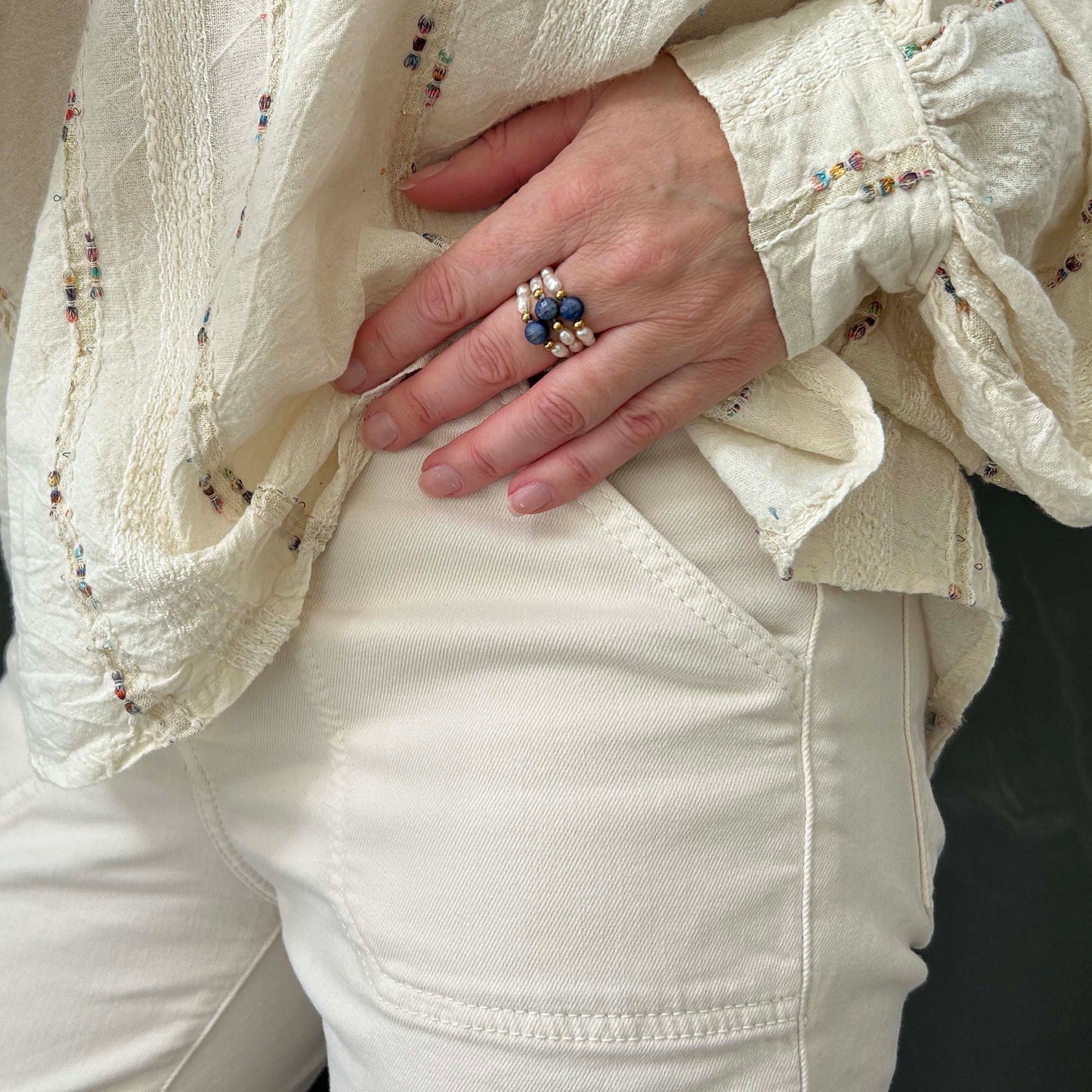 Affordable lapis lazuli and pearl statement ring by Leopoldine – elegant stackable ring with gold-tone accents, perfect UK gift for stylish jewellery lovers