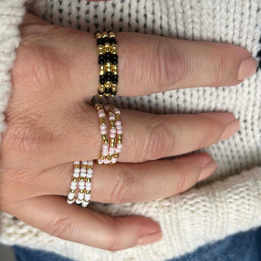 Affordable Leopoldine Confettis rings set of 3 with pink, white, and black glass beads and gold-tone details, stackable style.