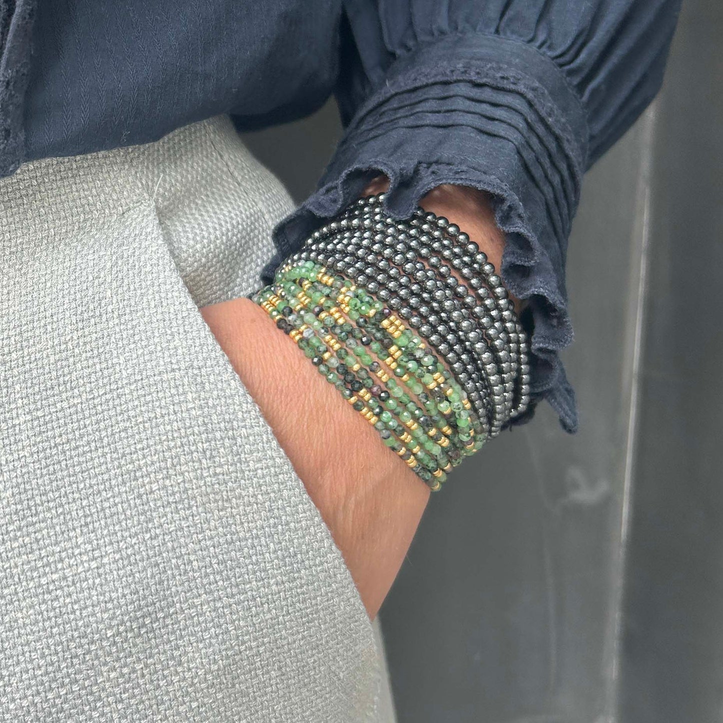 Leopoldine green & hematite bracelet stack – fresh colour pop for modern jewellery lovers.