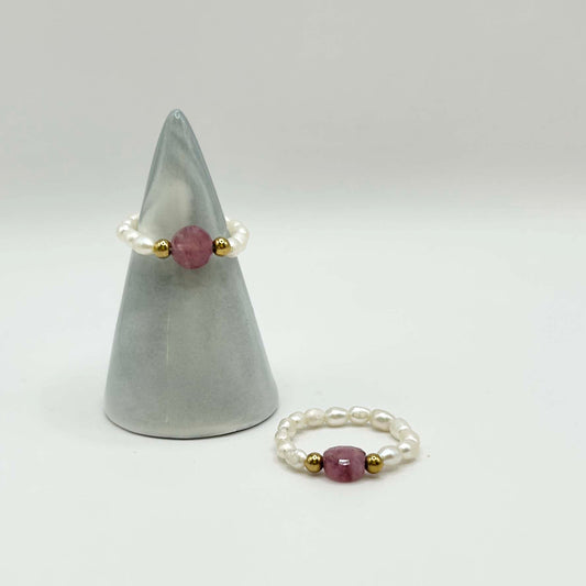 Delicate pink tourmaline and freshwater pearl ring set – dainty beaded jewellery with gold accents, feminine stacking rings. Elegant gift idea, UK jewellery label.