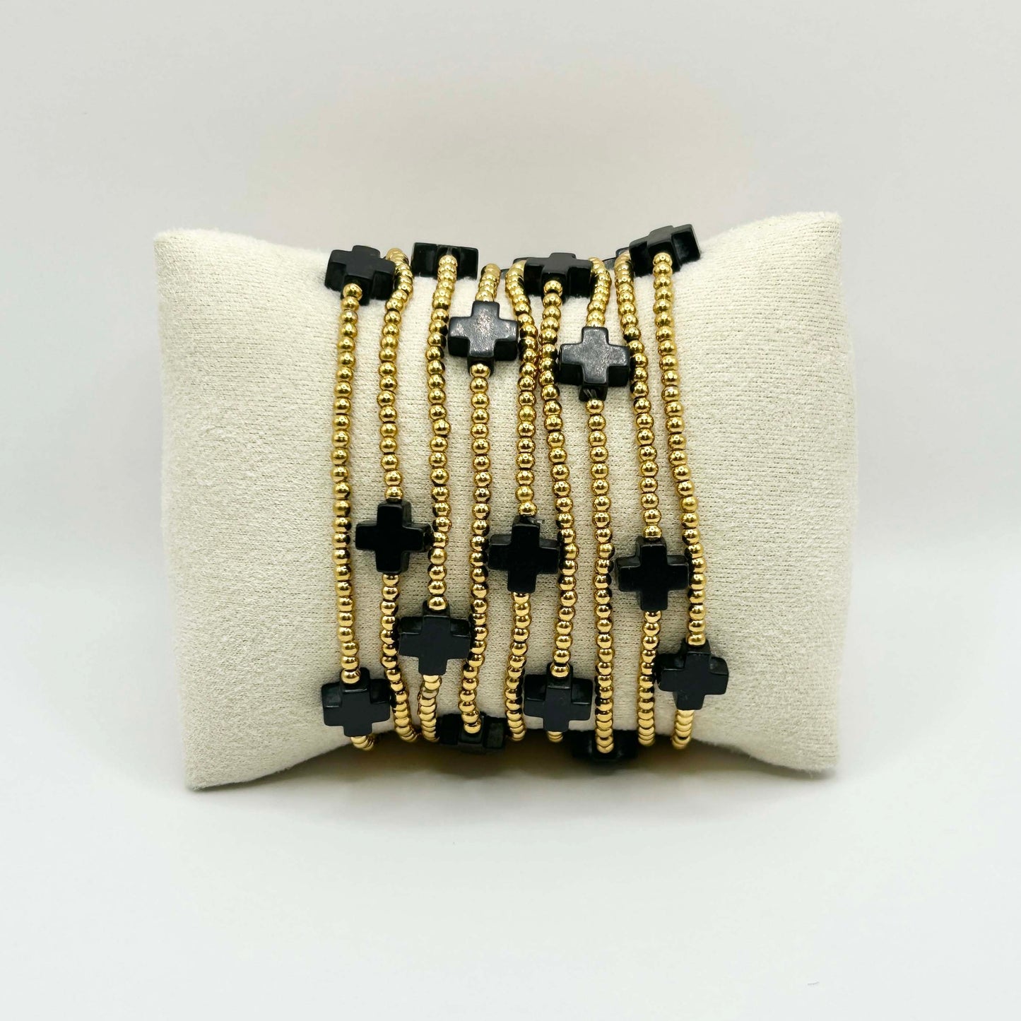 Leopoldine Divine bracelet with black cross gemstones and gold stainless steel beads – elegant, faith-inspired stacking bracelet, perfect affordable gift made for stylish UK wrists.