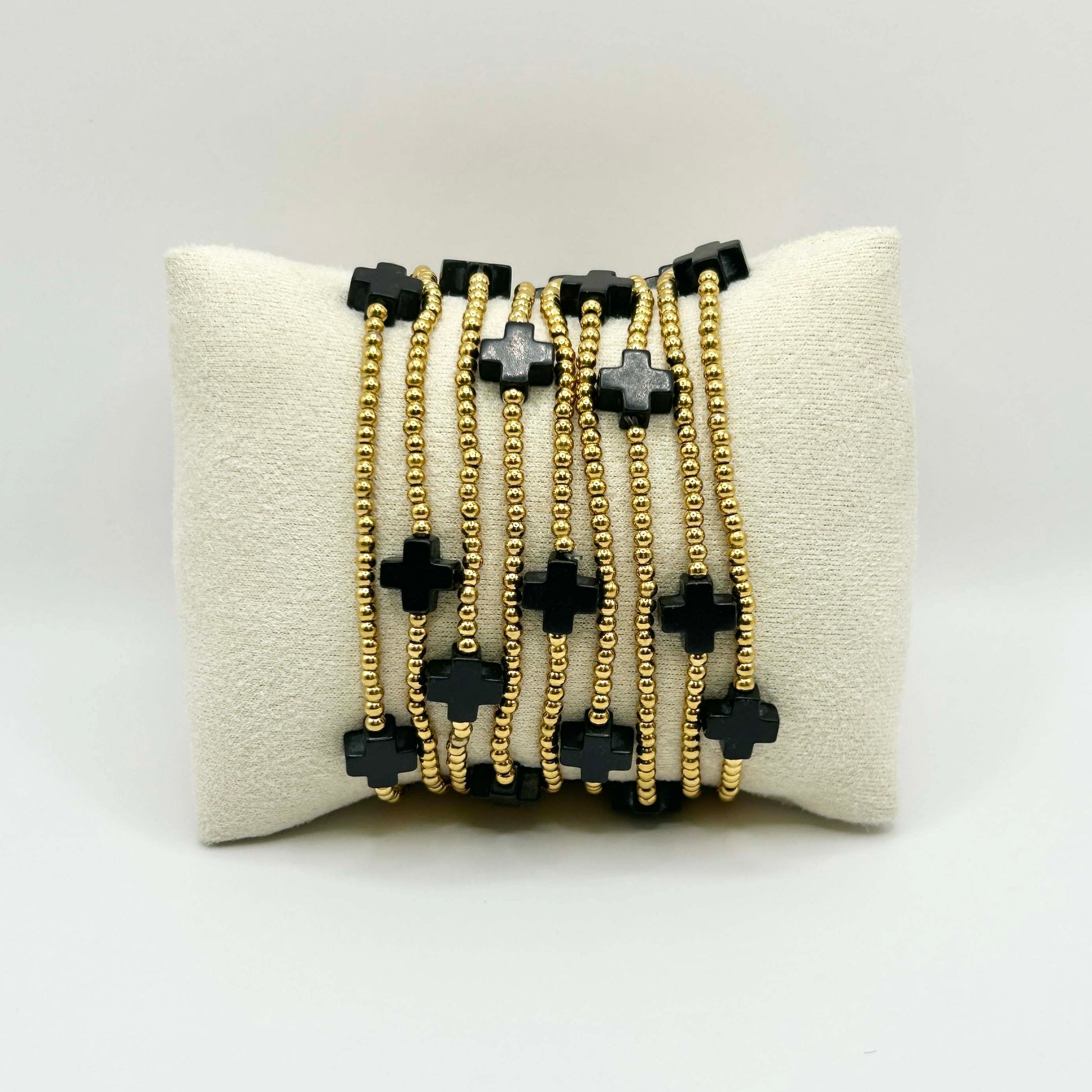 Leopoldine Divine bracelet with black cross gemstones and gold stainless steel beads – elegant, faith-inspired stacking bracelet, perfect affordable gift made for stylish UK wrists.