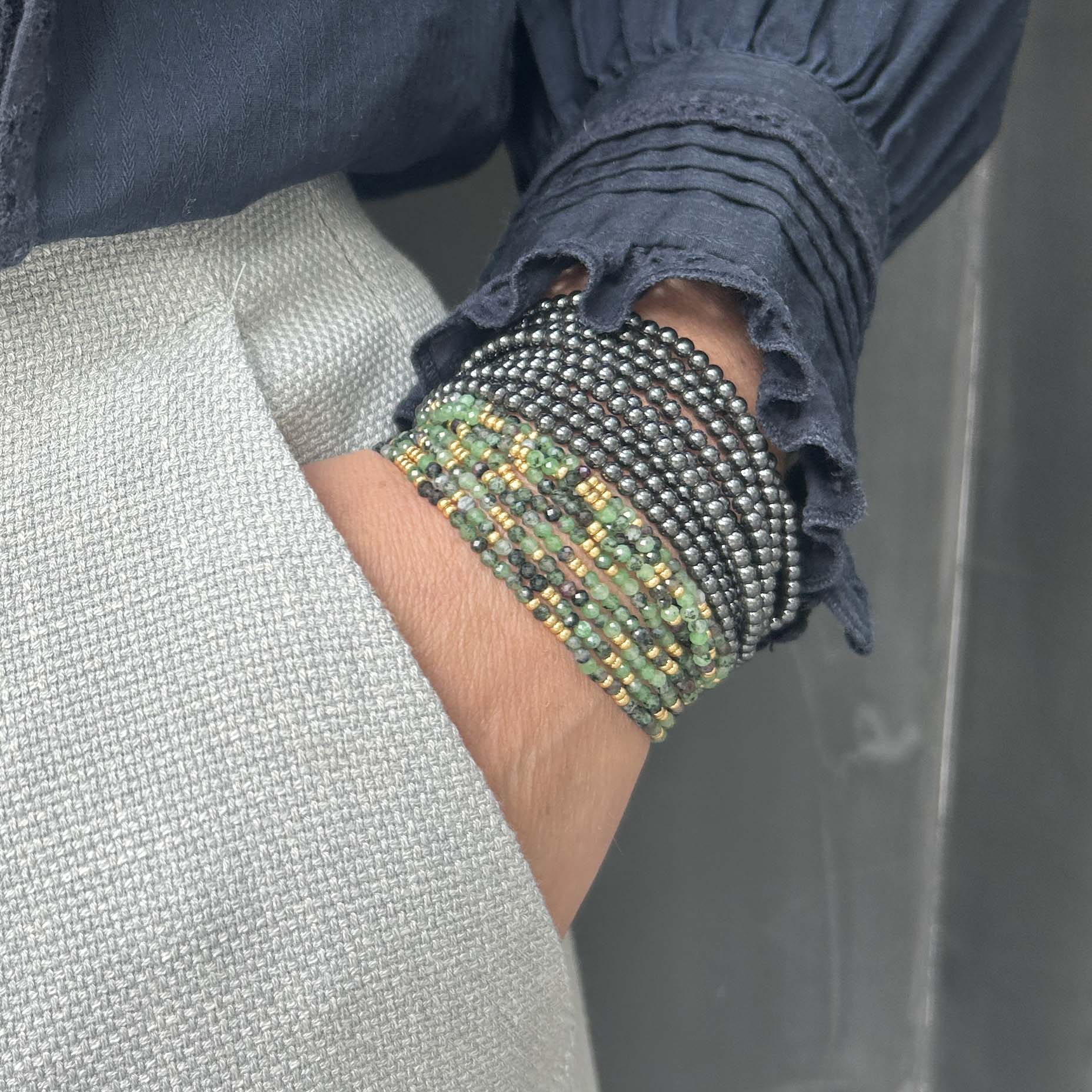 Leopoldine green & hematite bracelet stack – fresh colour pop for modern jewellery lovers.