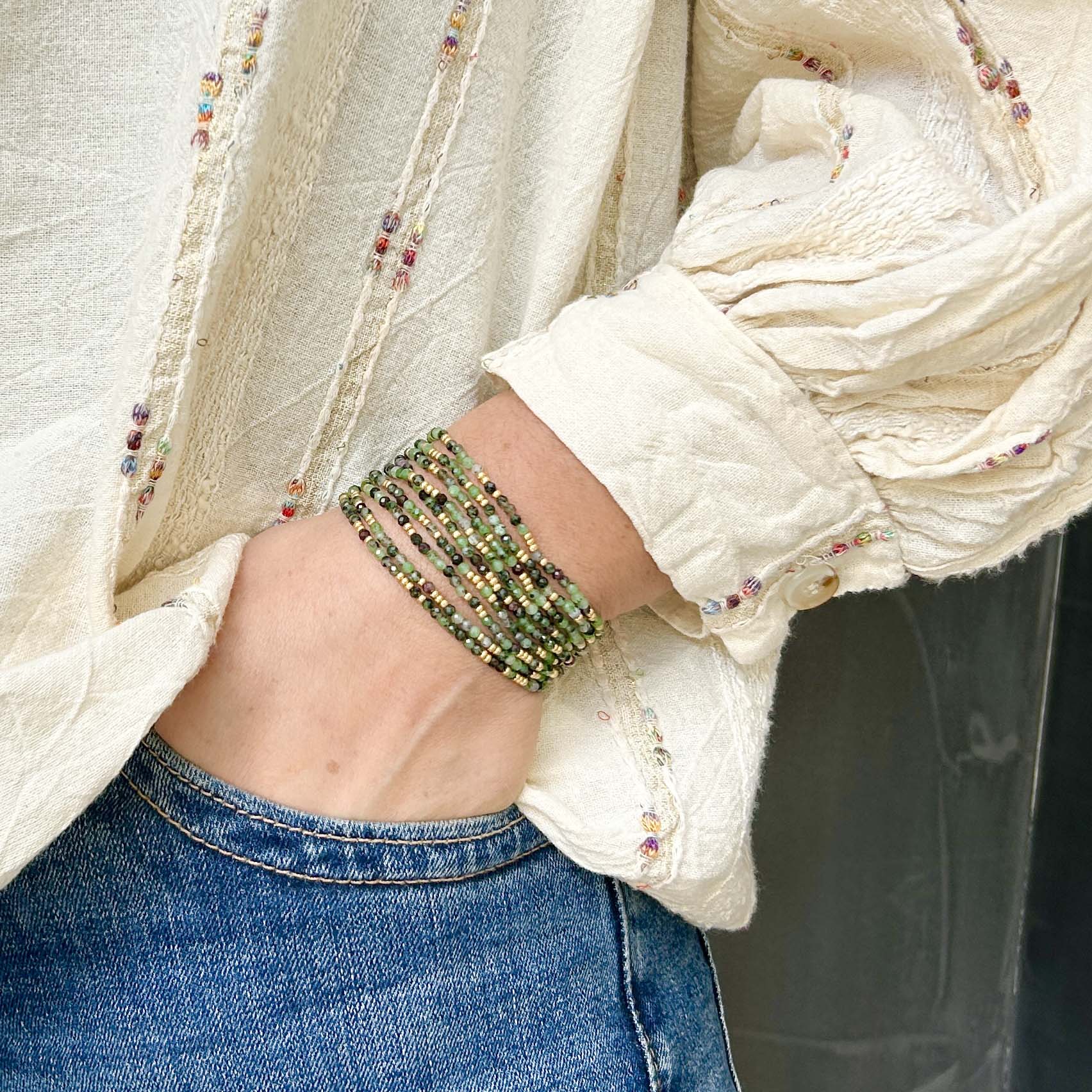 Leopoldine Selene green stacking bracelet – layered beaded bracelet for women, UK jewellery style.