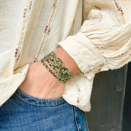 Leopoldine Selene green stacking bracelet – layered beaded bracelet for women, UK jewellery style.